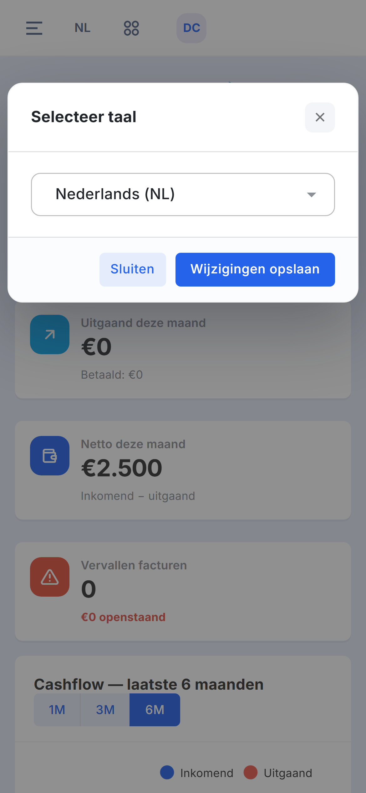 Het venster Selecteer taal met een keuzelijst die op Nederlands (NL) staat