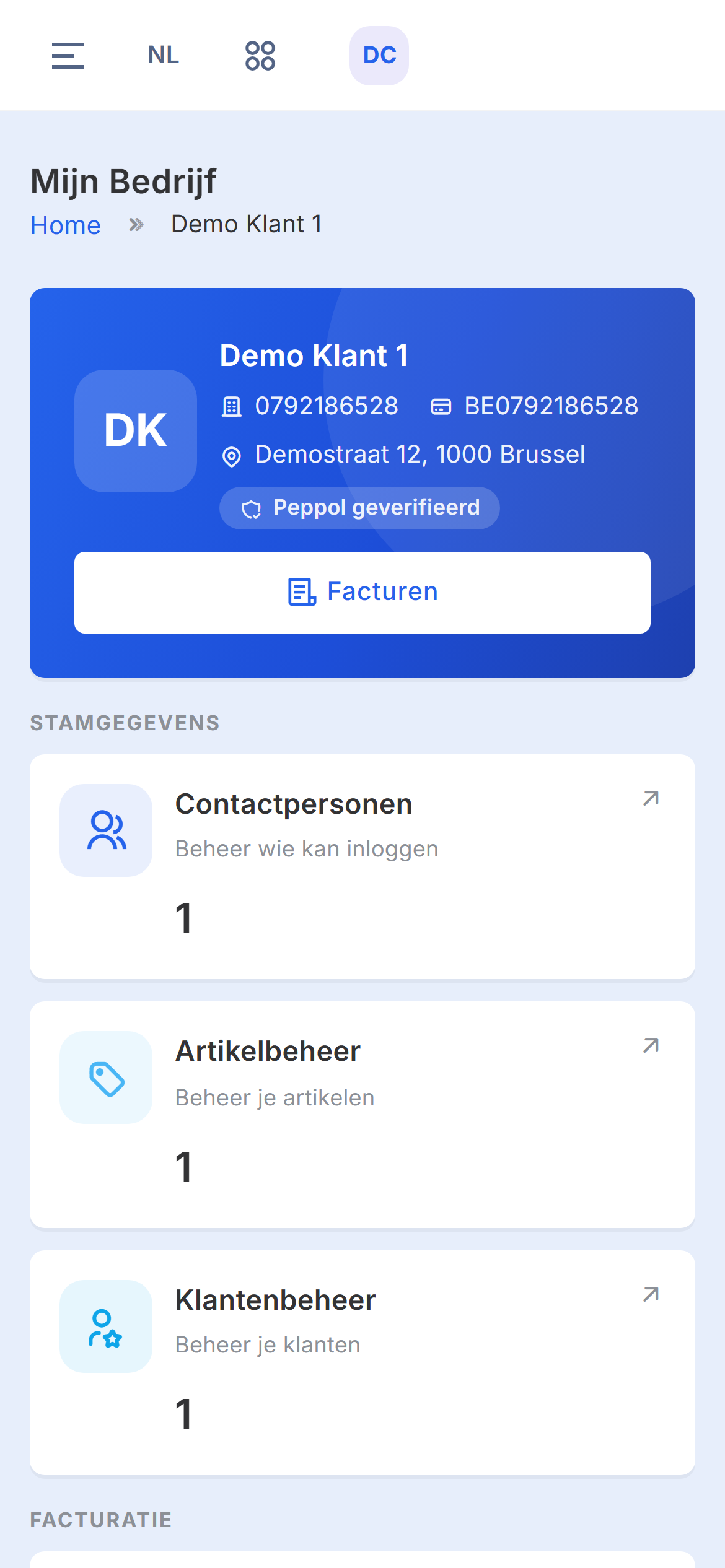 De pagina Mijn Bedrijf met bovenaan de bedrijfsgegevens en daaronder tegels zoals Contactpersonen, Artikelbeheer en Klantenbeheer