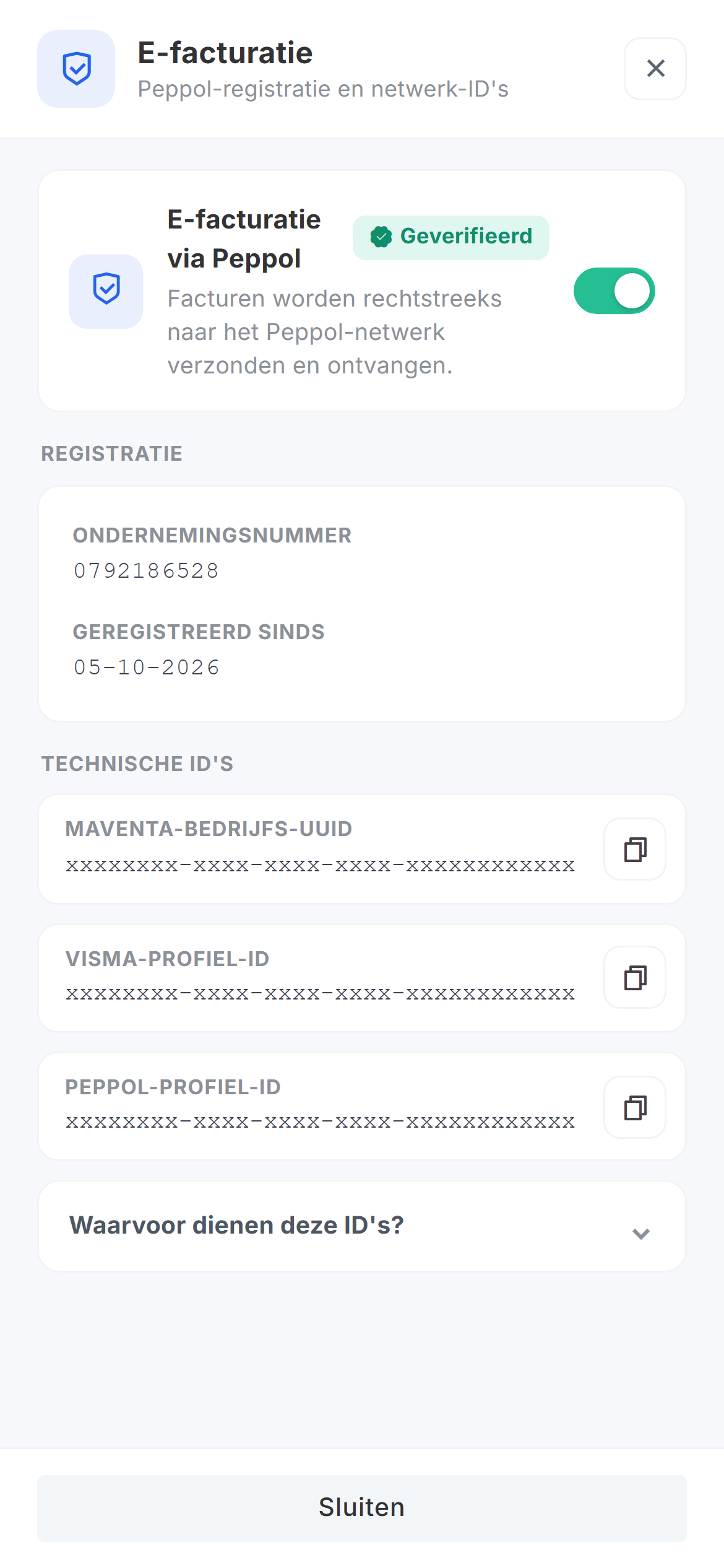 Het paneel E-facturatie met de schakelaar E-facturatie via Peppol aan, het label Geverifieerd en de registratiegegevens