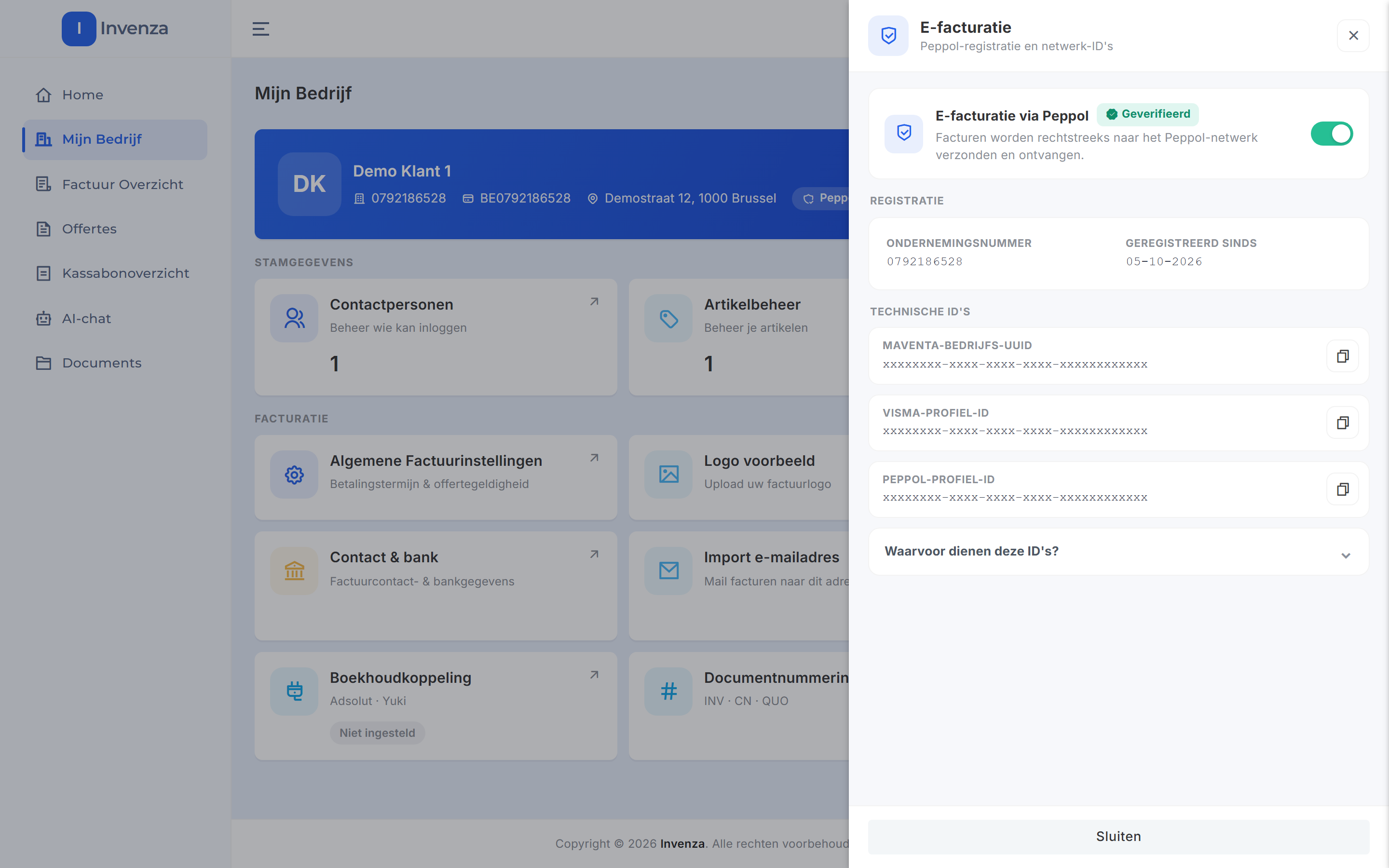 Het paneel E-facturatie met de schakelaar E-facturatie via Peppol aan, het label Geverifieerd en de registratiegegevens