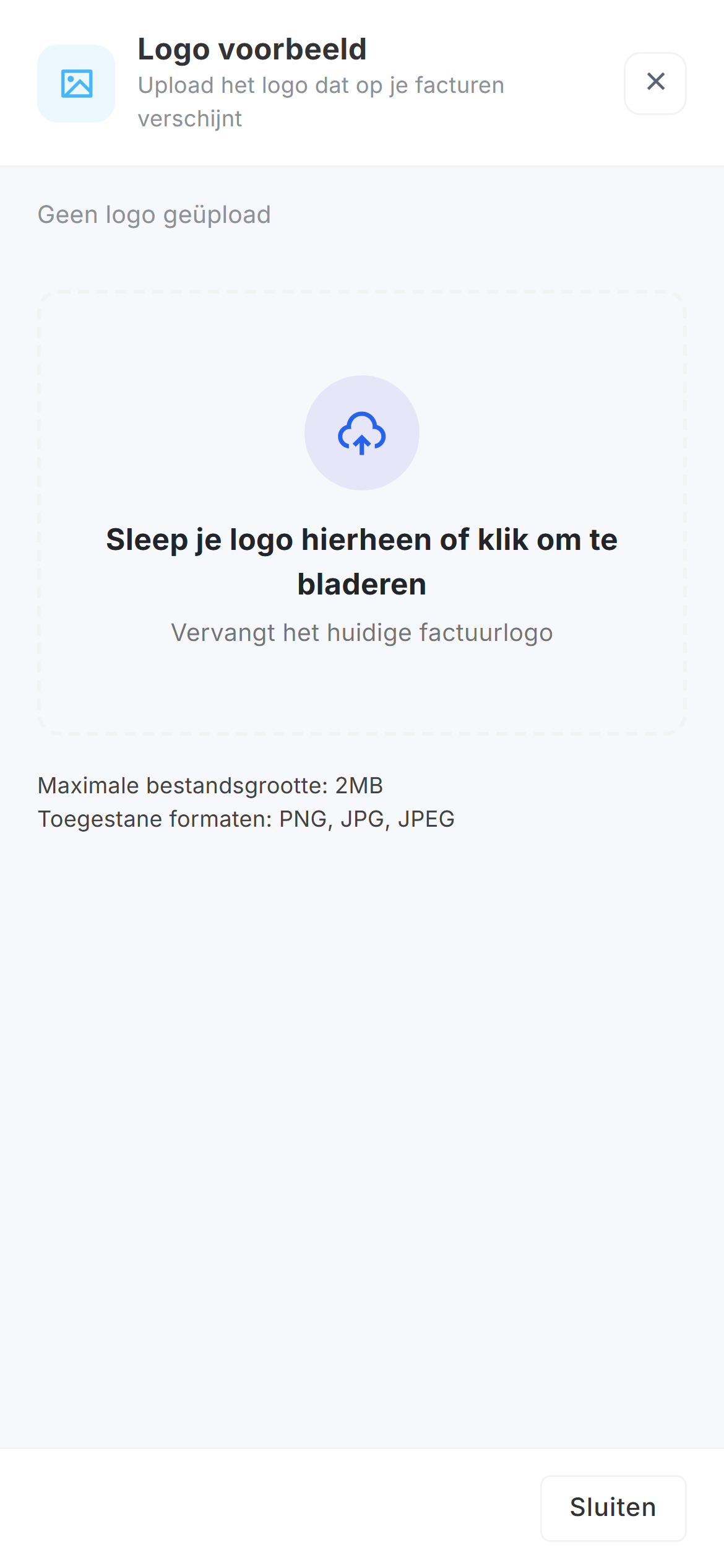 Het paneel Logo voorbeeld met een uploadkader en de tekst dat een bestand maximaal 2MB mag zijn