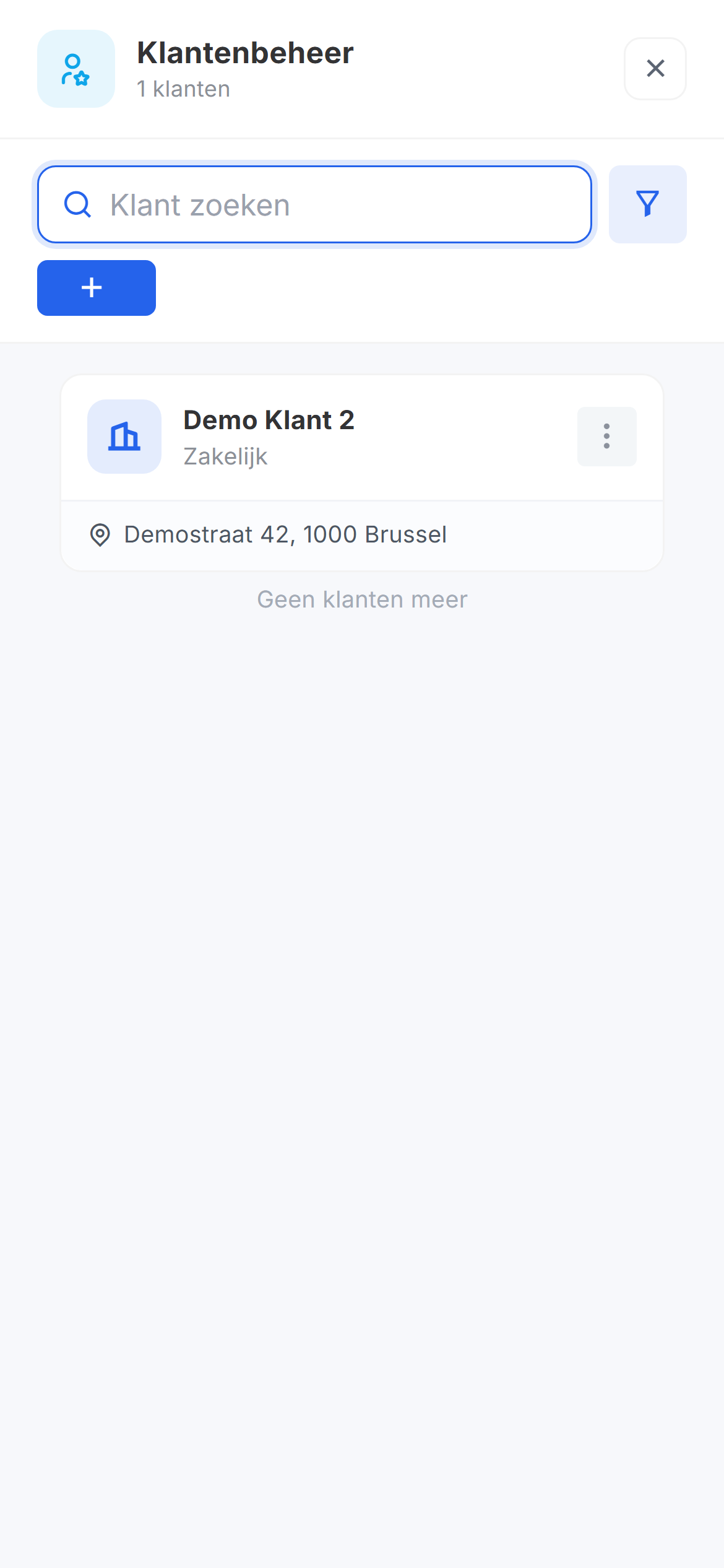 Het paneel Klantenbeheer met een zoekveld, een knop om een klant toe te voegen en één klant in de lijst