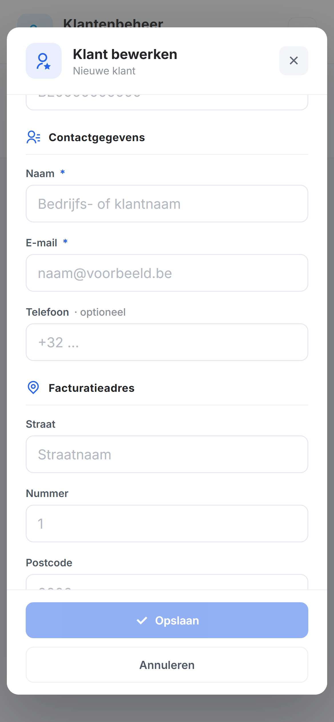 Het lege klantformulier Klant bewerken, met eronder Nieuwe klant, en de velden Klanttype, Land, Ondernemingsnummer, Btw-nummer, Naam, E-mail, Telefoon en het facturatieadres