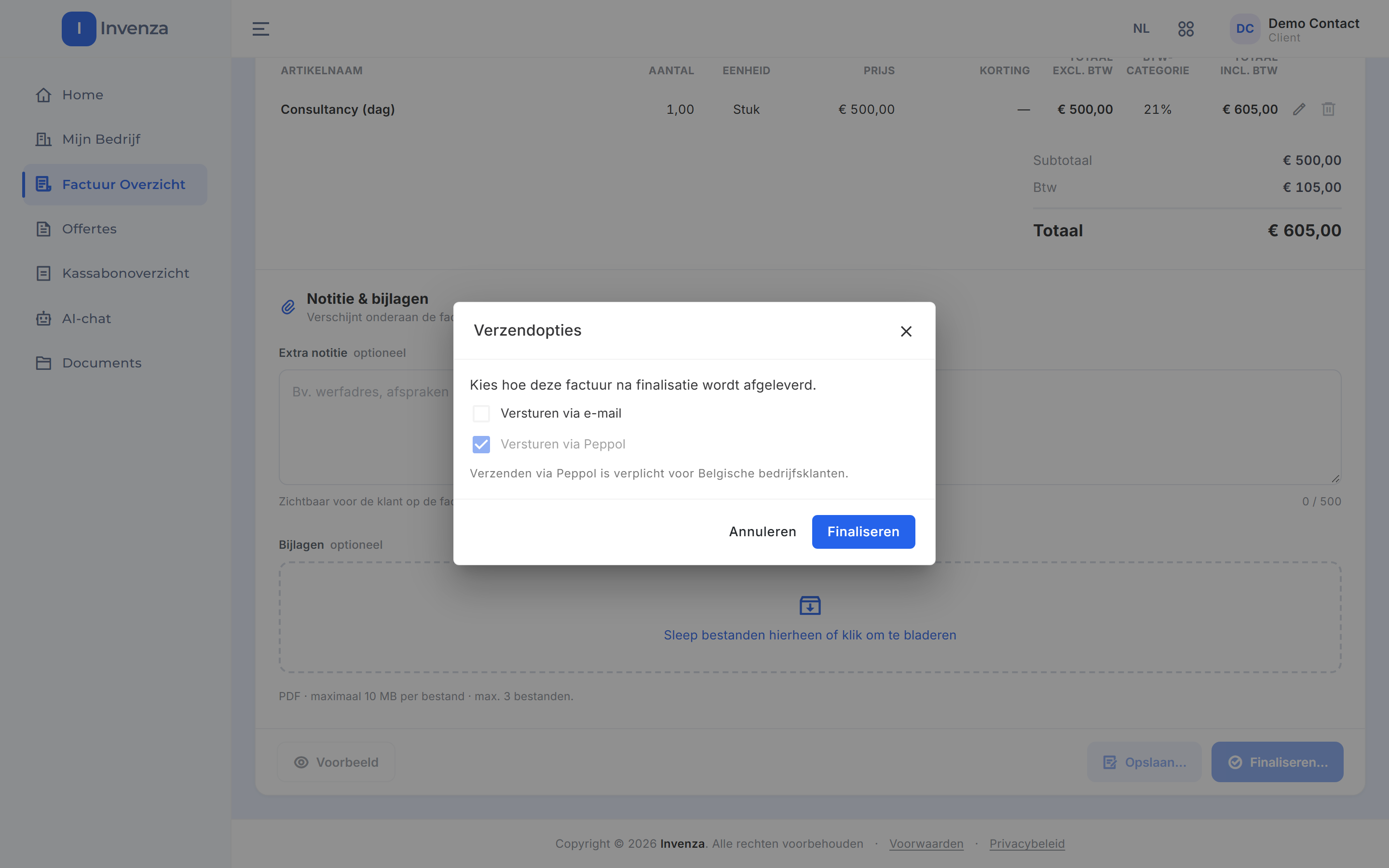 Het venster Verzendopties met de keuze Versturen via e-mail uit, Versturen via Peppol aangevinkt met de uitleg dat Peppol verplicht is voor Belgische bedrijfsklanten, en de knoppen Annuleren en Finaliseren
