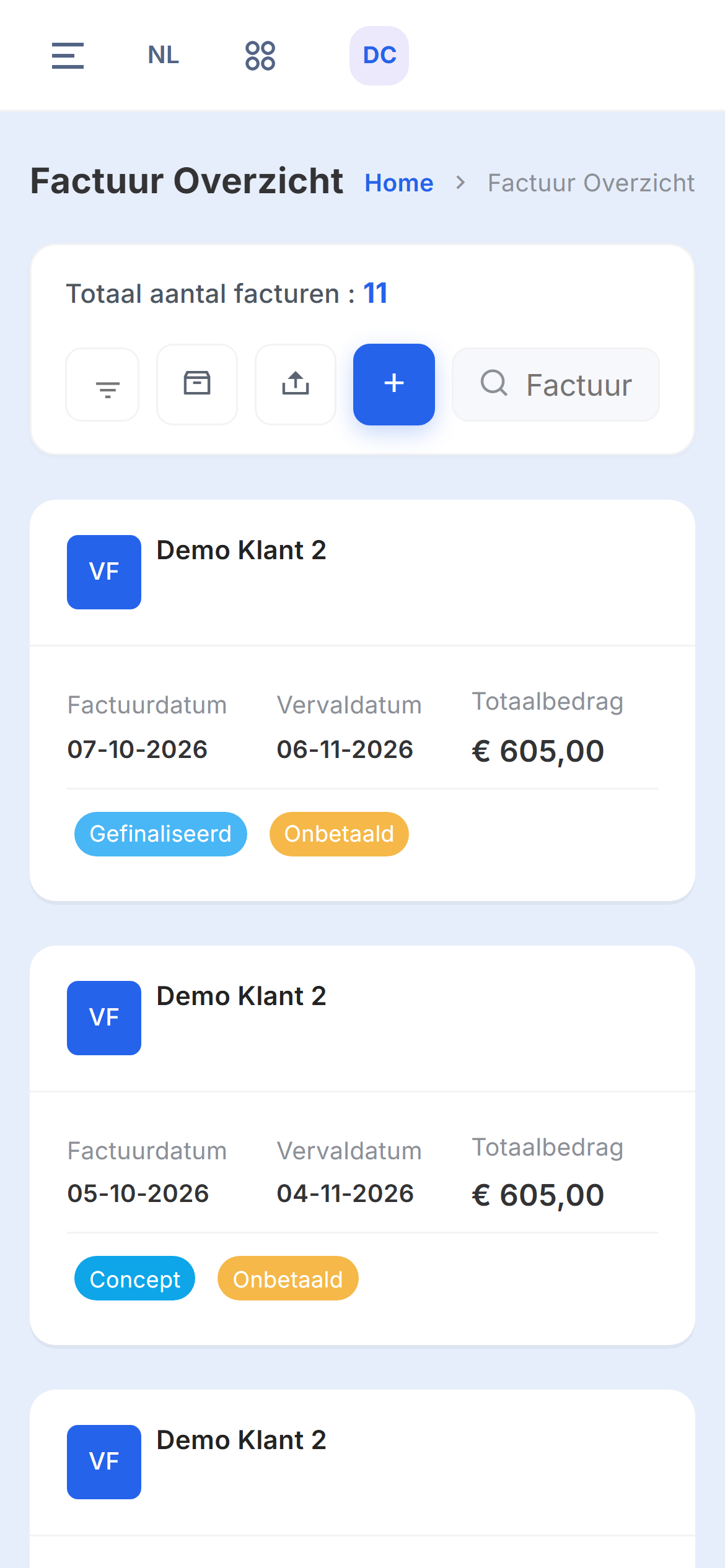 Het factuuroverzicht met bovenaan de zonet gefinaliseerde factuur met de status Gefinaliseerd en de betaling Onbetaald