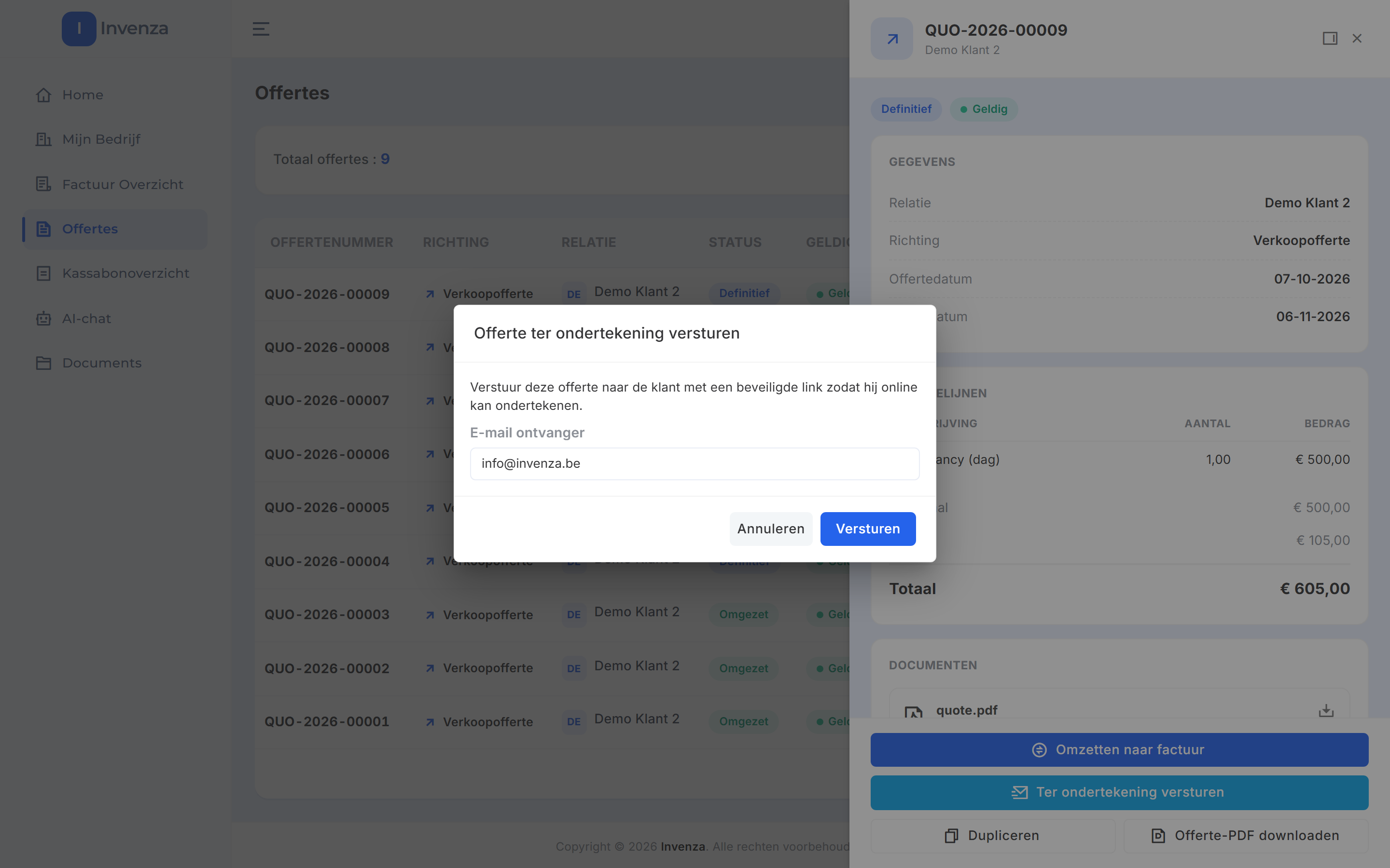 Het venster Offerte ter ondertekening versturen met het ingevulde veld E-mail ontvanger en de knoppen Annuleren en Versturen