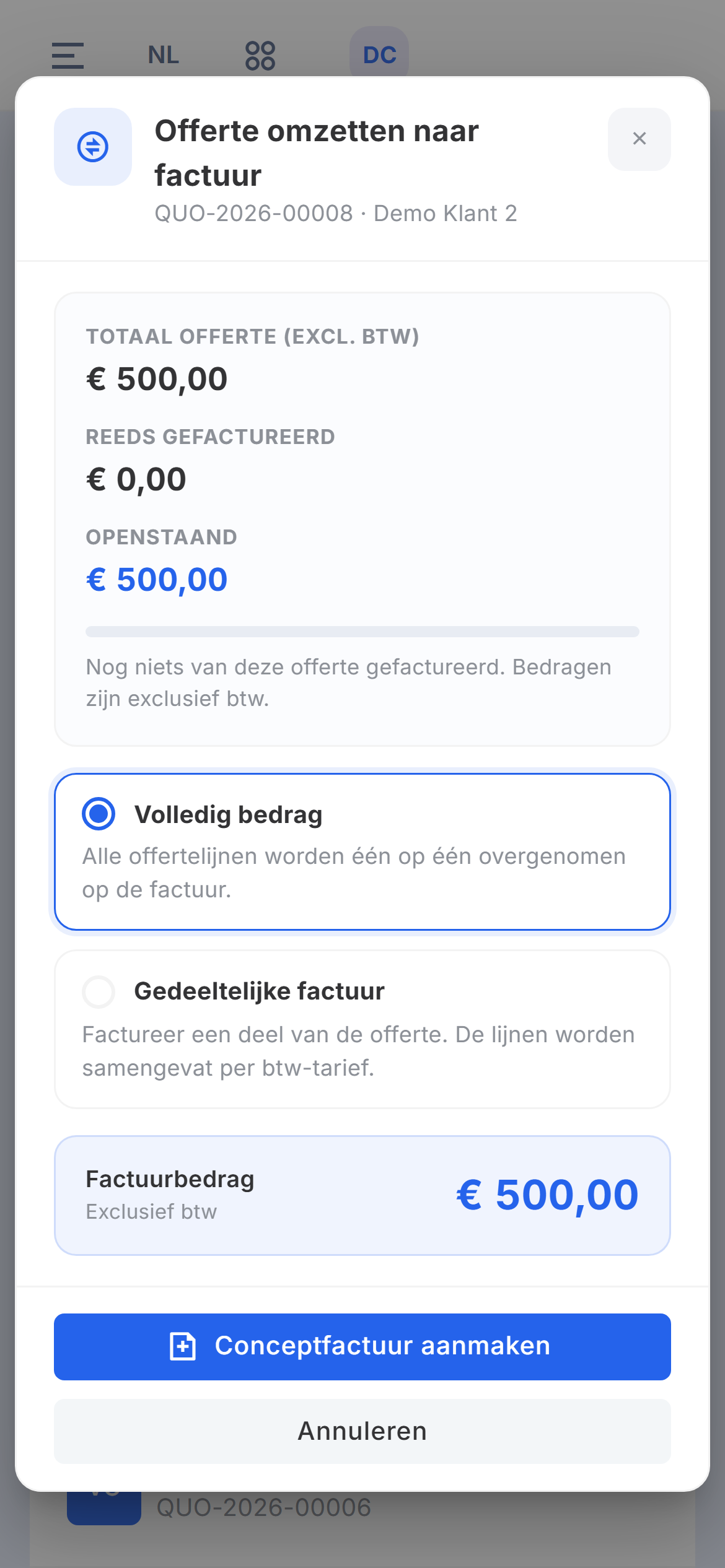 Het venster Offerte omzetten naar factuur met bovenaan Totaal offerte, Reeds gefactureerd en Openstaand en daaronder de keuzes Volledig bedrag en Gedeeltelijke factuur