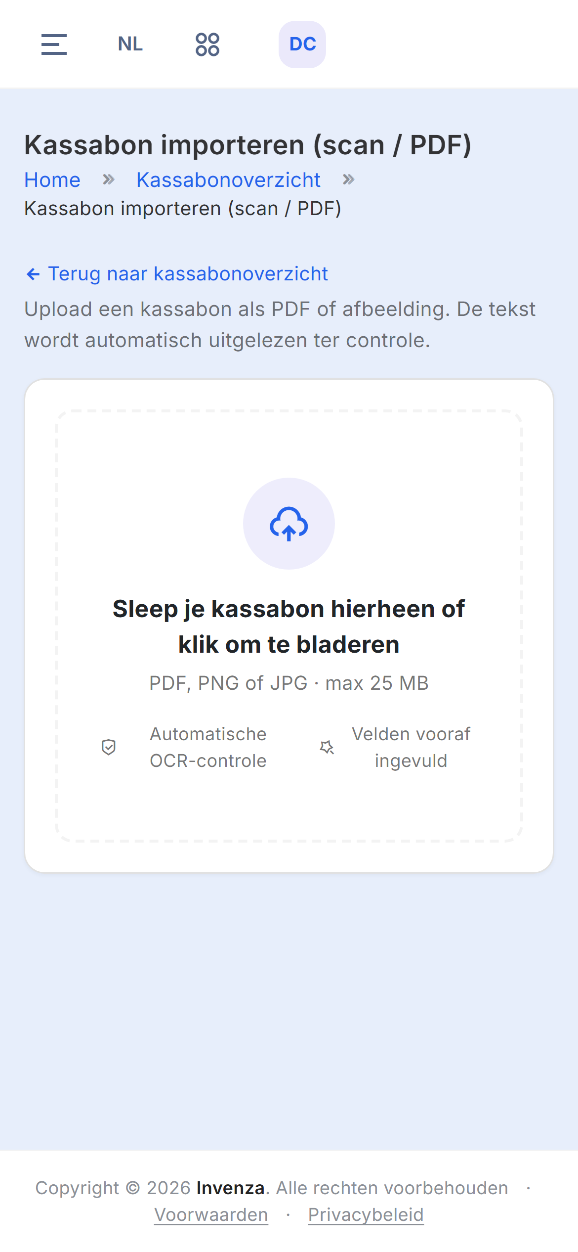 De pagina Kassabon importeren met een groot uploadvak en de tekst Sleep je kassabon hierheen of klik om te bladeren