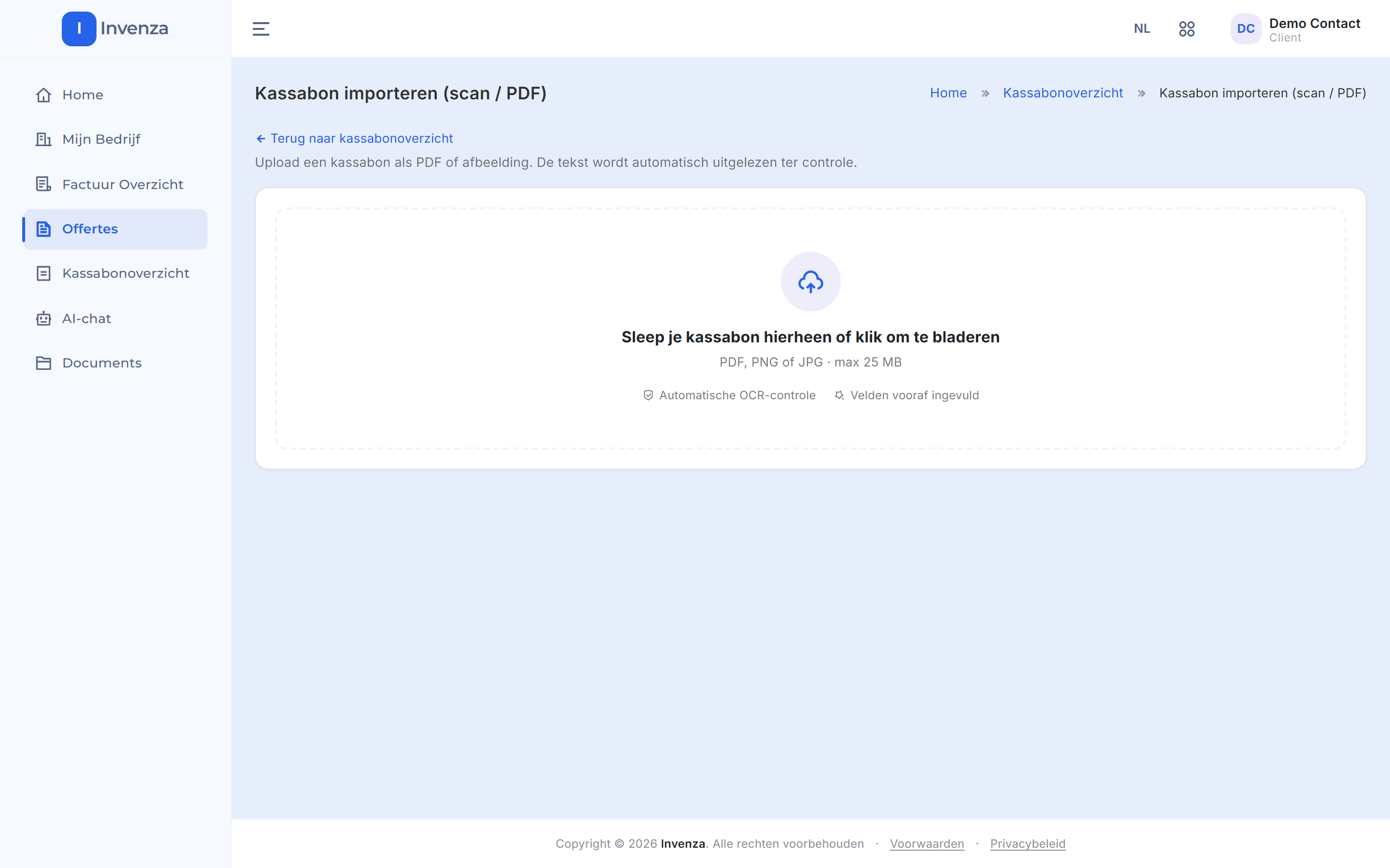 De pagina Kassabon importeren met een groot uploadvak en de tekst Sleep je kassabon hierheen of klik om te bladeren