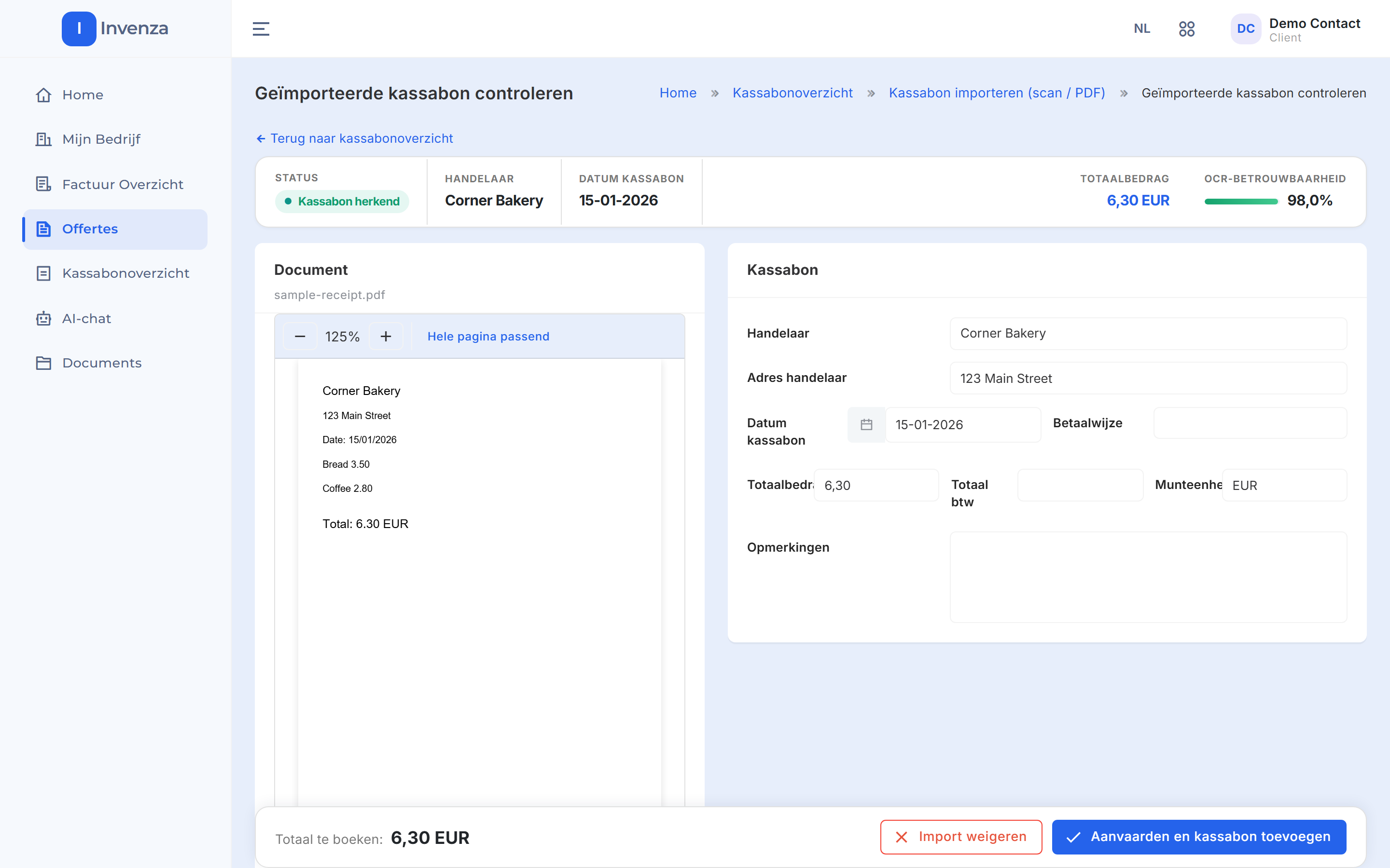 Het controlescherm met de bon en de velden Handelaar, Adres handelaar, Datum kassabon, Betaalwijze, Totaalbedrag, Totaal btw, Munteenheid en Opmerkingen