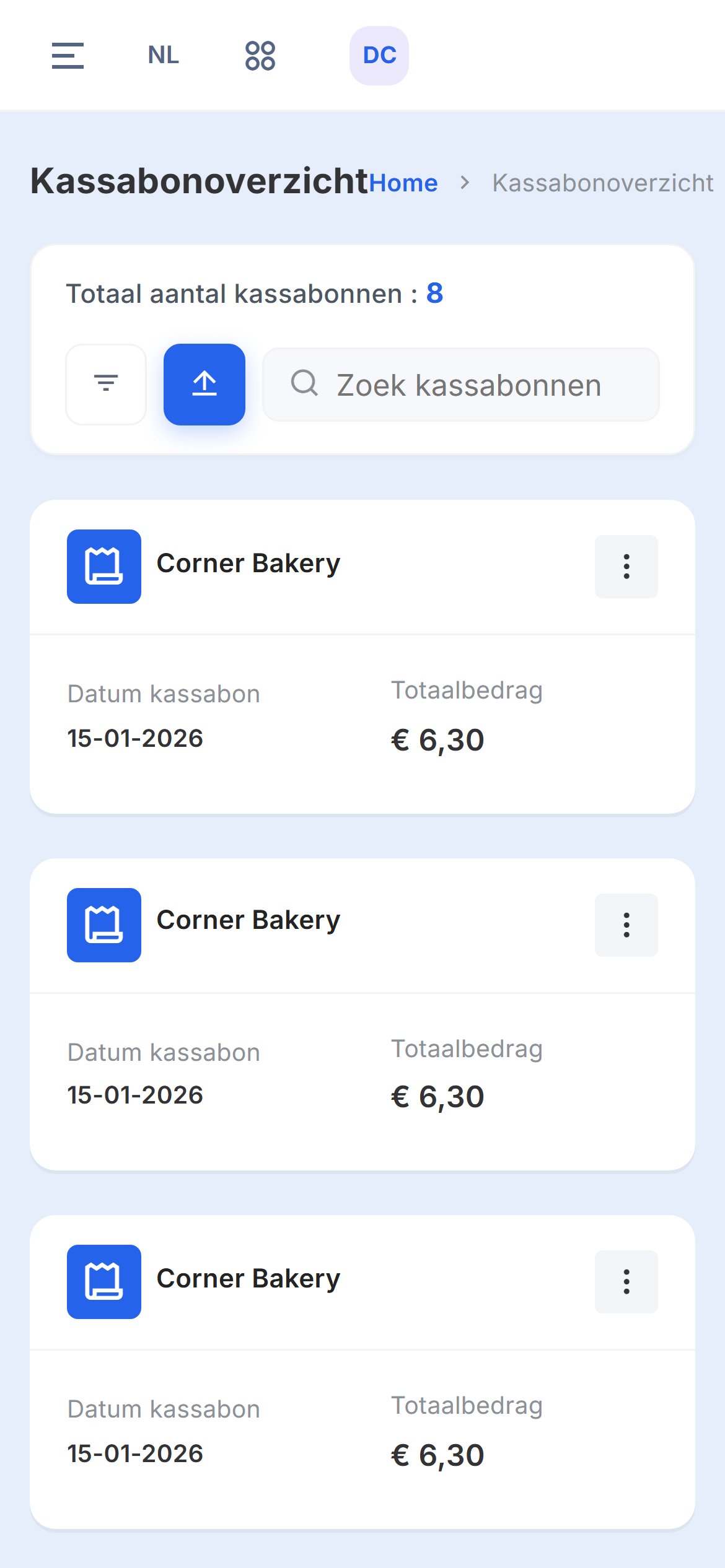 Het Kassabonoverzicht met de lijst van kassabonnen met handelaar, datum en totaalbedrag