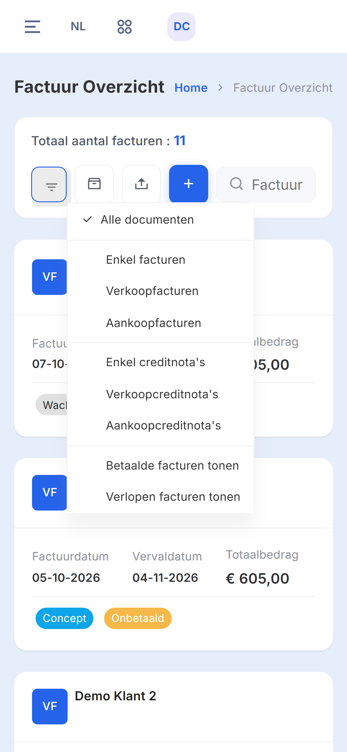 Het geopende filtermenu boven het factuuroverzicht met de keuzes Alle documenten, Enkel facturen, Verkoopfacturen, Aankoopfacturen, Enkel creditnota's, Verkoopcreditnota's, Aankoopcreditnota's, Betaalde facturen tonen en Verlopen facturen tonen