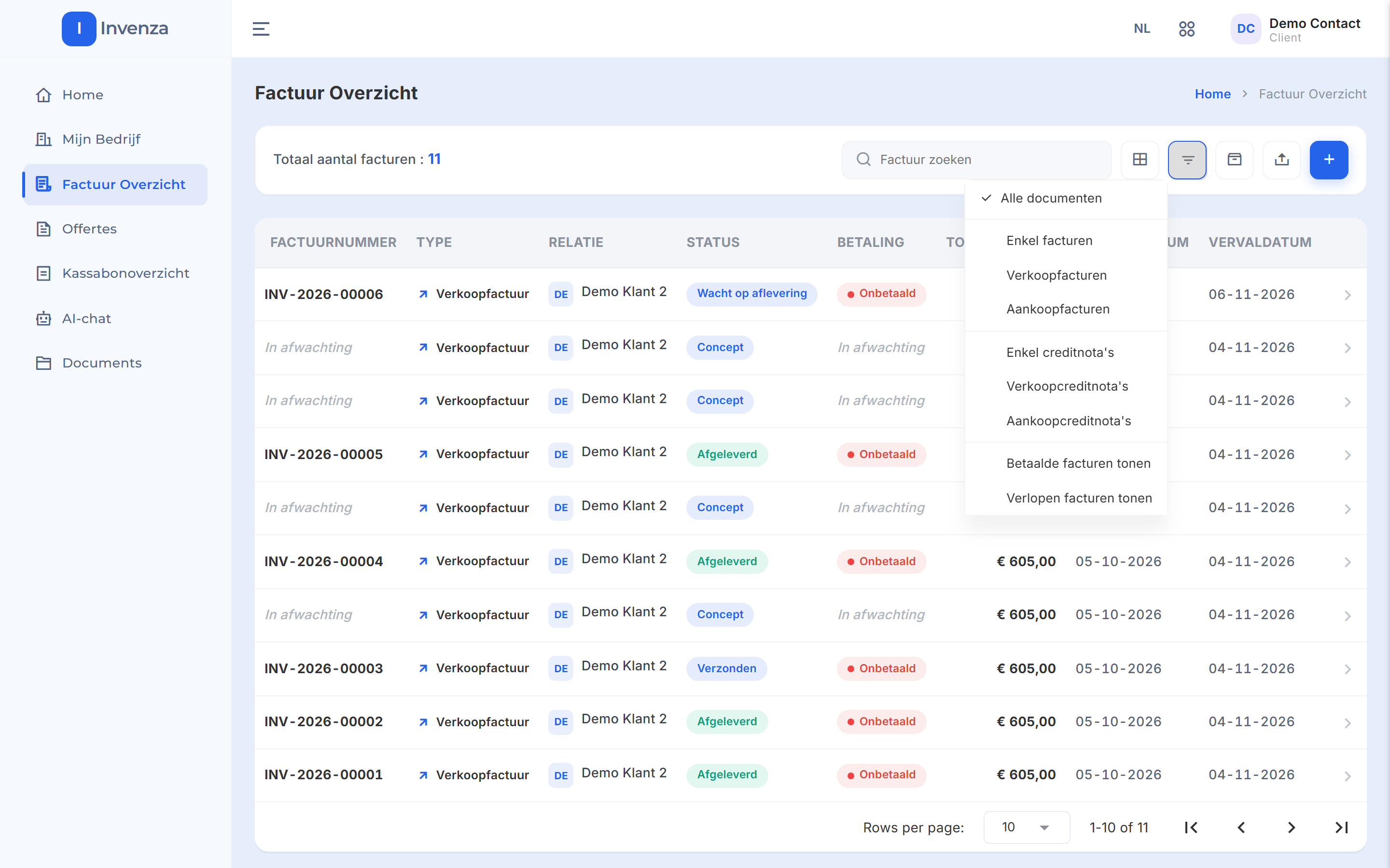 Het geopende filtermenu boven het factuuroverzicht met de keuzes Alle documenten, Enkel facturen, Verkoopfacturen, Aankoopfacturen, Enkel creditnota's, Verkoopcreditnota's, Aankoopcreditnota's, Betaalde facturen tonen en Verlopen facturen tonen