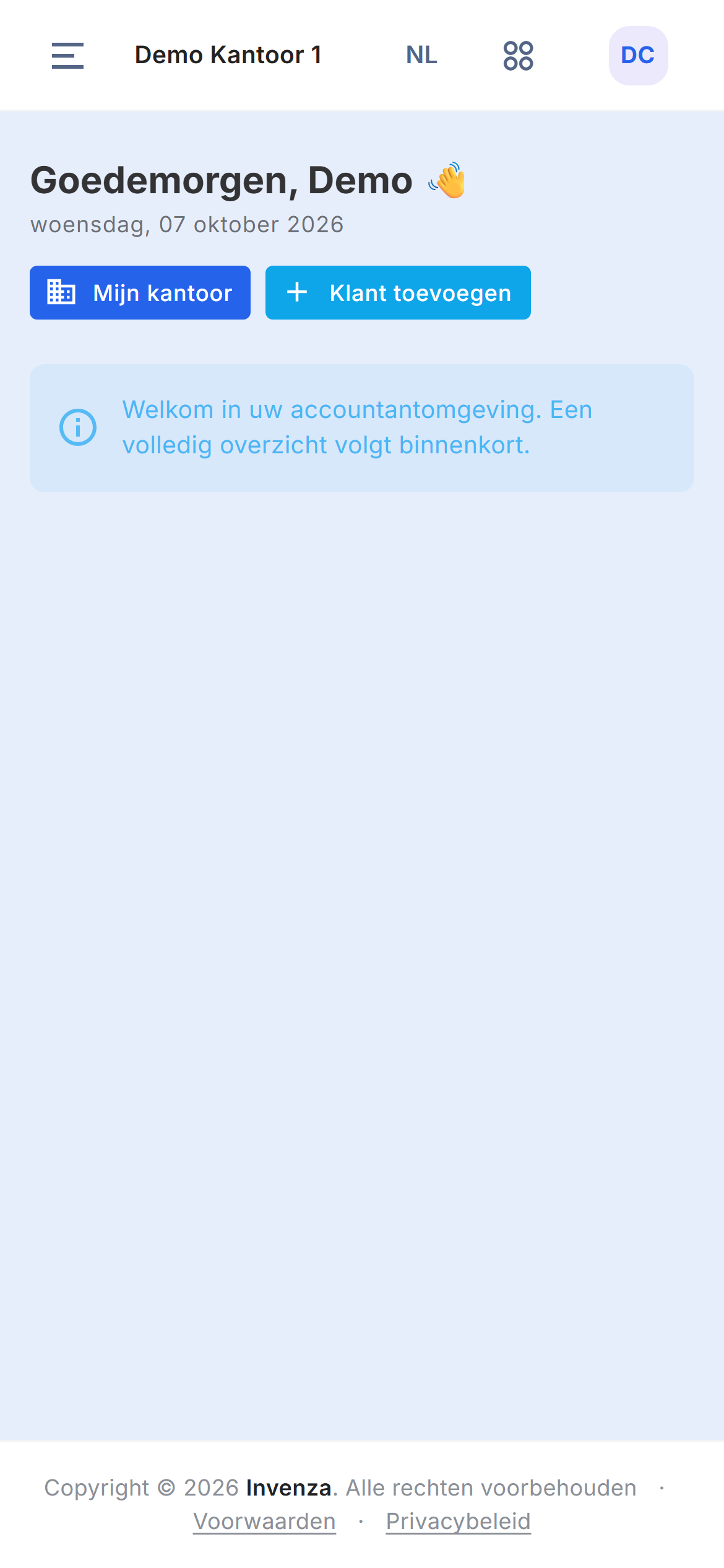 Het startscherm met een begroeting, de knoppen Mijn kantoor en Klant toevoegen en bovenaan de naam van het actieve kantoor, Demo Kantoor 1