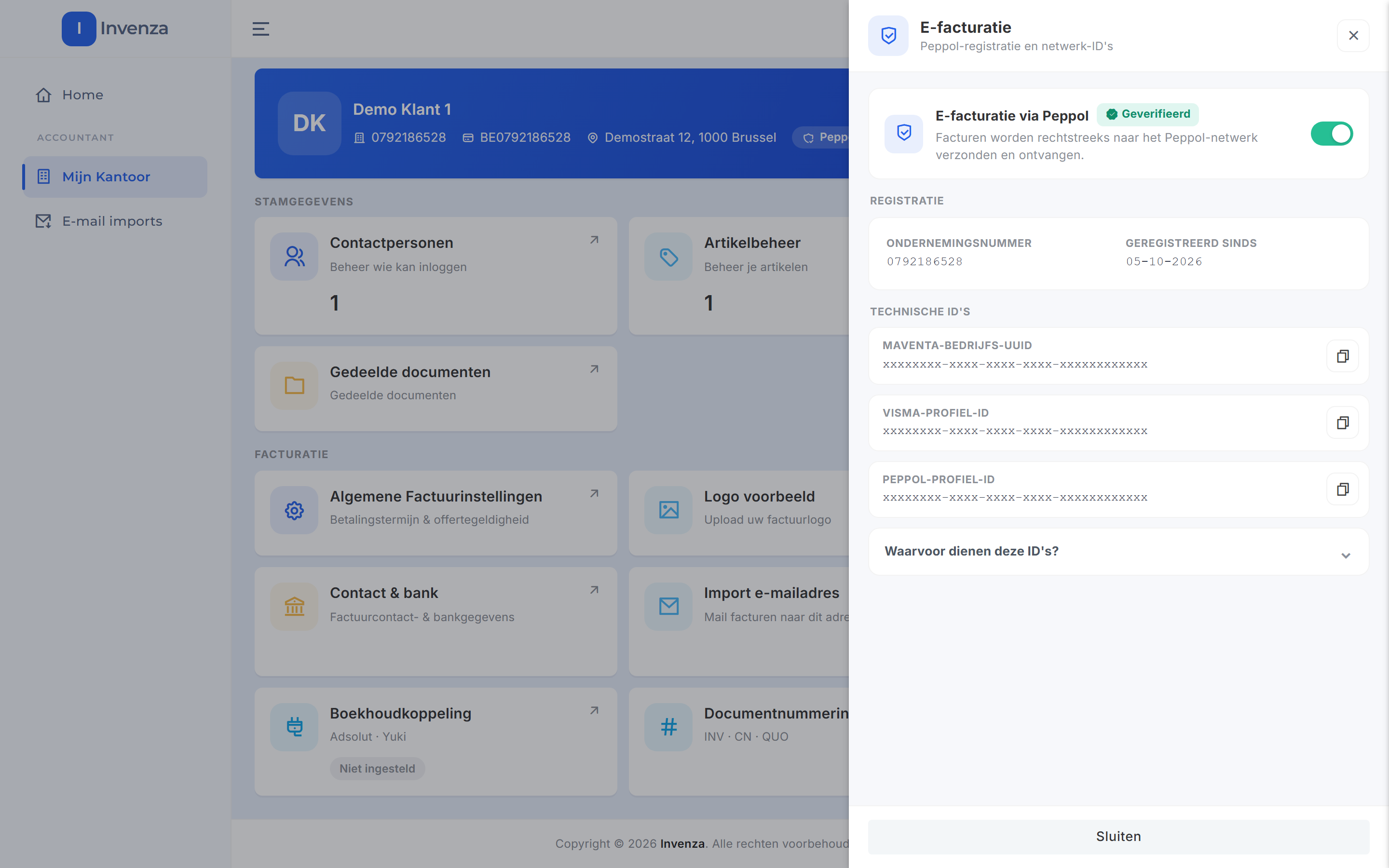 Het paneel E-facturatie met de schakelaar E-facturatie via Peppol en het label Geverifieerd, het ondernemingsnummer, de datum Geregistreerd sinds en onder Technische ID's drie ID's met kopieerknoppen