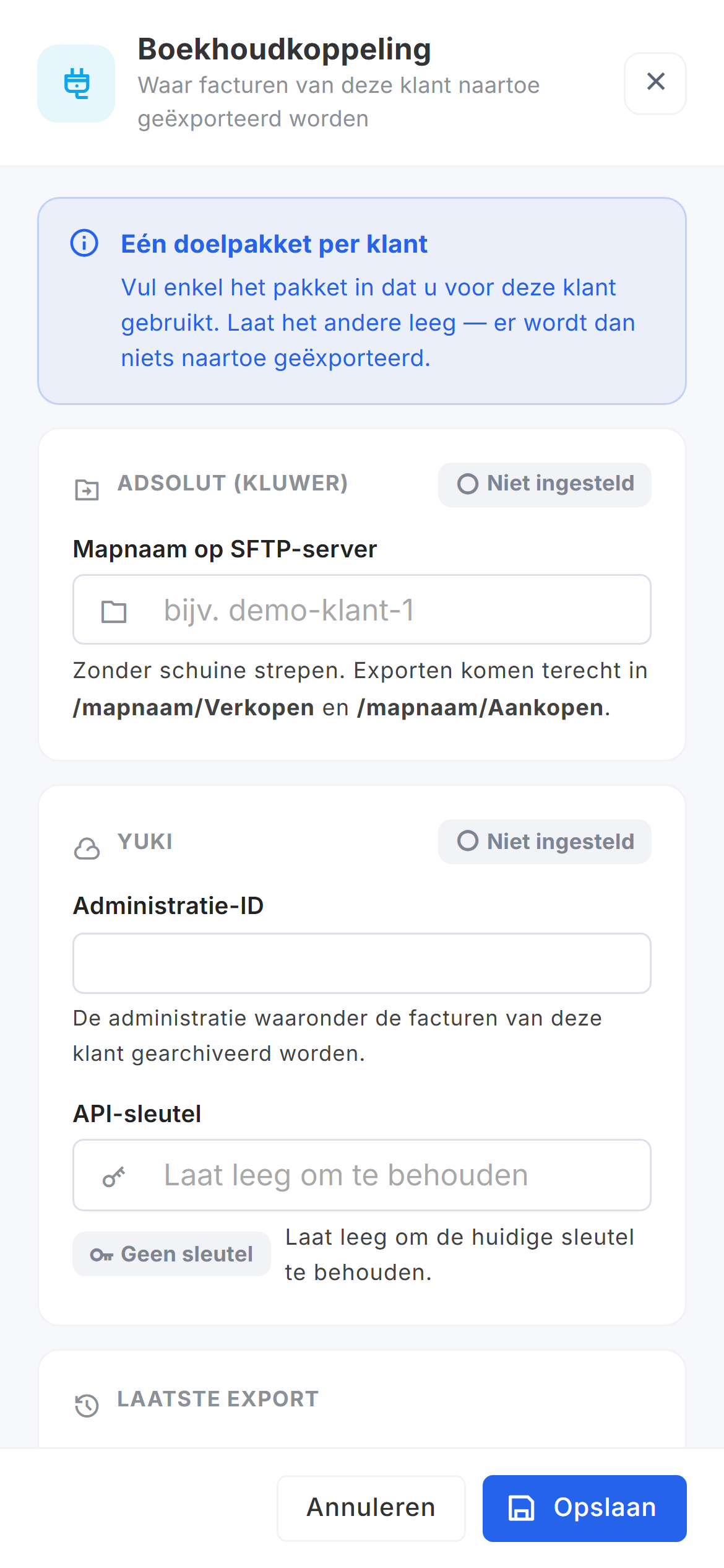 Het paneel Boekhoudkoppeling met de melding Eén doelpakket per klant, onder Adsolut (Kluwer) het veld Mapnaam op SFTP-server met de voorbeeldtekst bijv. demo-klant-1, en daaronder de velden van Yuki en de knoppen Annuleren en Opslaan